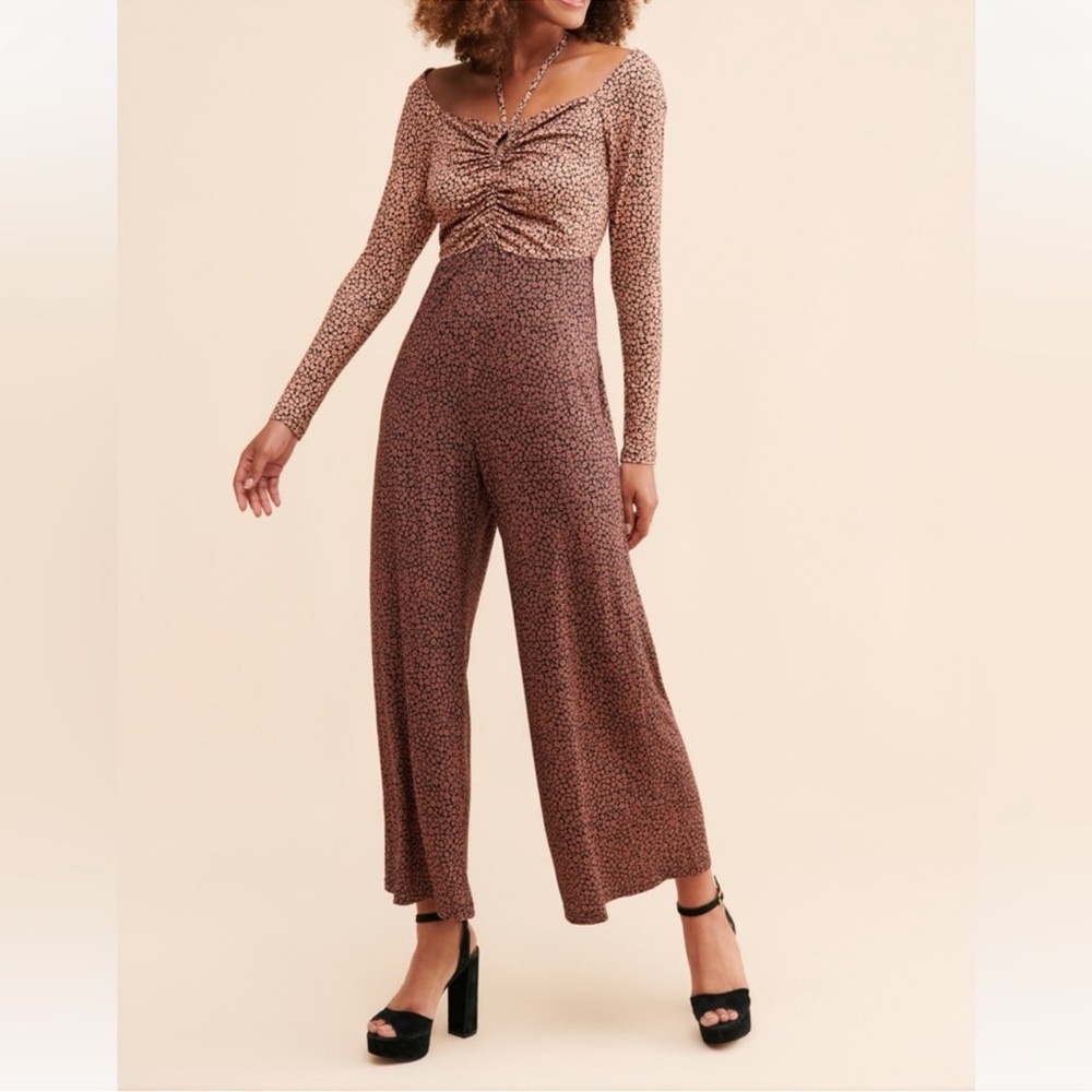 Anthropologie Hutch Pink and Brown Floral Jumpsuit